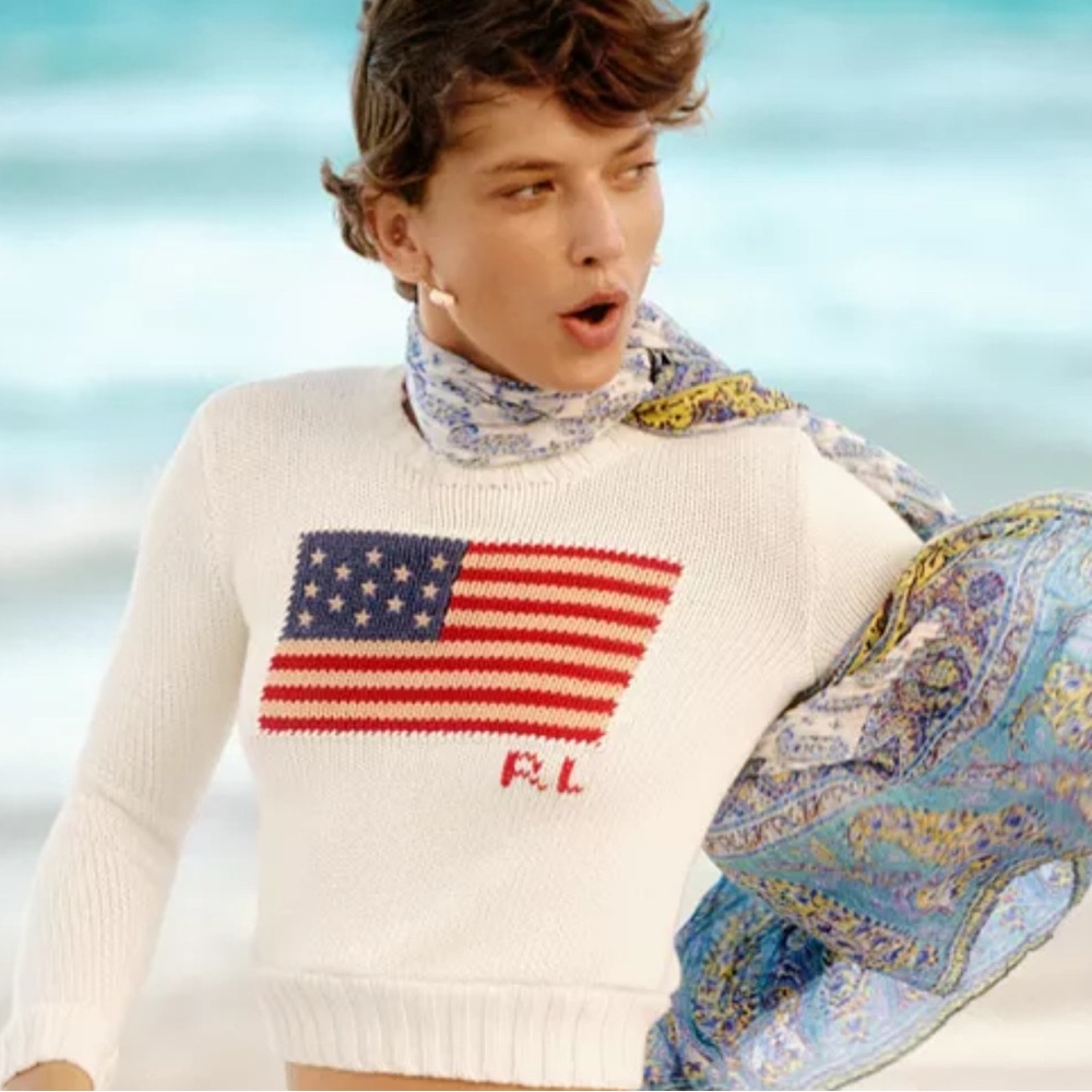 Ralph Lauren White Crewneck Sweater with Flag Motif